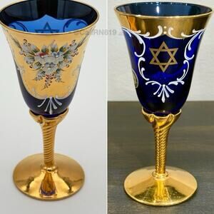 Murano 24k Gold Enamel Hand Painted Kiddush Ceremonial Goblet Cobalt Twist Stem
